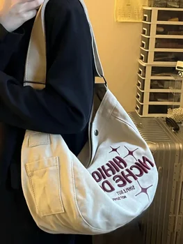 Модная холщовая сумка с вышивкой большой емкости, однотонная мягкая повседневная сумка через плечо, Большая сумка для пригородных поездок, студенческая школьная сумка через плечо, женская