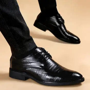 Мужская кожаная обувь с вырезами, летняя деловая мужская официальная обувь, Дышащая Черная мужская кожаная обувь
