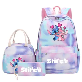 Новые детские сумки для ланча Kawaii Disney Stitch Girl, сумки для книг Rainbow Galaxy, 3 шт., женские школьные сумки для подростков, дорожный рюкзак для ноутбука,