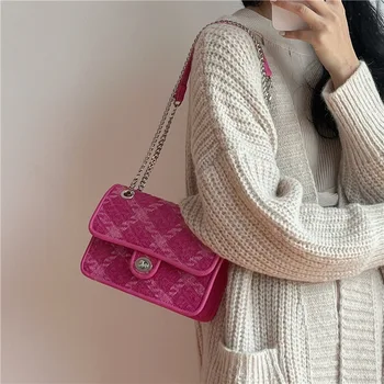 Розово-розовые женские сумки через плечо с замком, роскошная клетчатая женская маленькая квадратная сумка через плечо, модный дизайн, женский клатч, сумки-портмоне, сумки