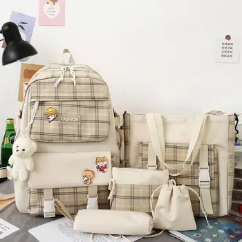 Рюкзак в Японскую милую клетку, школьный ранец для начальной школы, Женская Корейская версия, трендовый рюкзак, комплект из пяти предметов, рюкзак