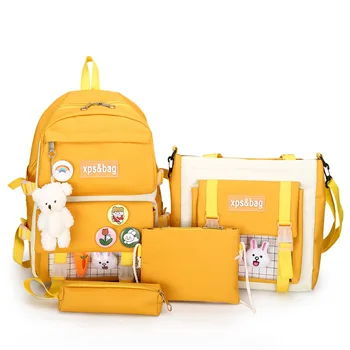 Студенческий холщовый школьный ранец, набор из четырех предметов, свежий и милый, легкий рюкзак большой емкости, сумка для хранения карандашей, сумка для хранения
